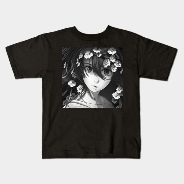 Girl with flowers Kids T-Shirt by Mew-Beans